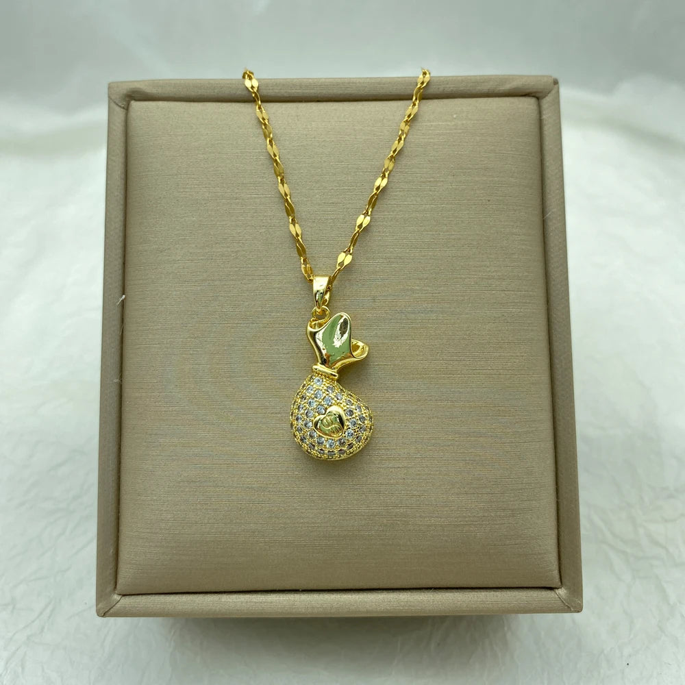 18K Gold Plated Pave CZ Money Bag Pendant Necklace | Stainless Steel Chain