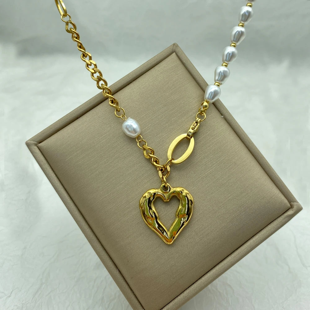 Cuba Spliced Chain Stainless Steel Necklacet simulated Pearl Necklace