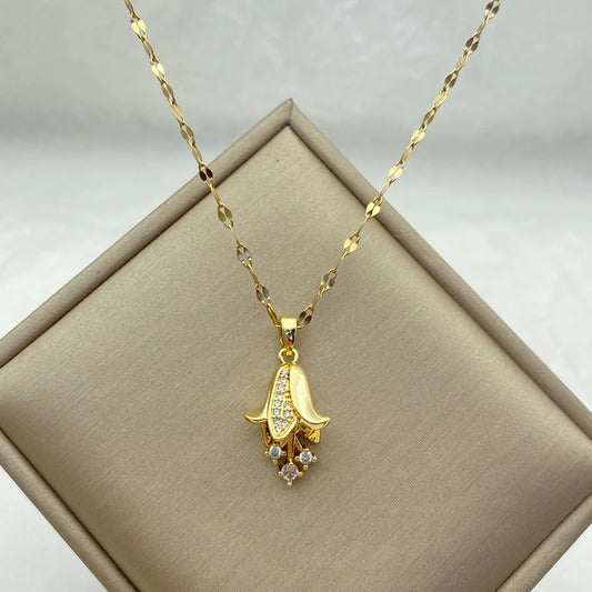 Gold Plated Stainless Steel Necklaces For Women With Swaying Tulips Pendants Gifts New IN Fashion Flower Jewelry Accessories