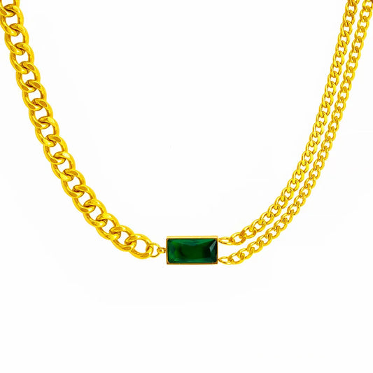 Cuban Chain Stainless Steel Necklace With Emerald Green Rectangle Stone