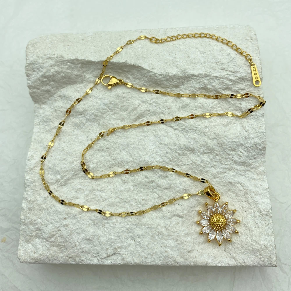18K Gold Plated Sunflower CZ Pendant Necklace | Stainless Steel Chain