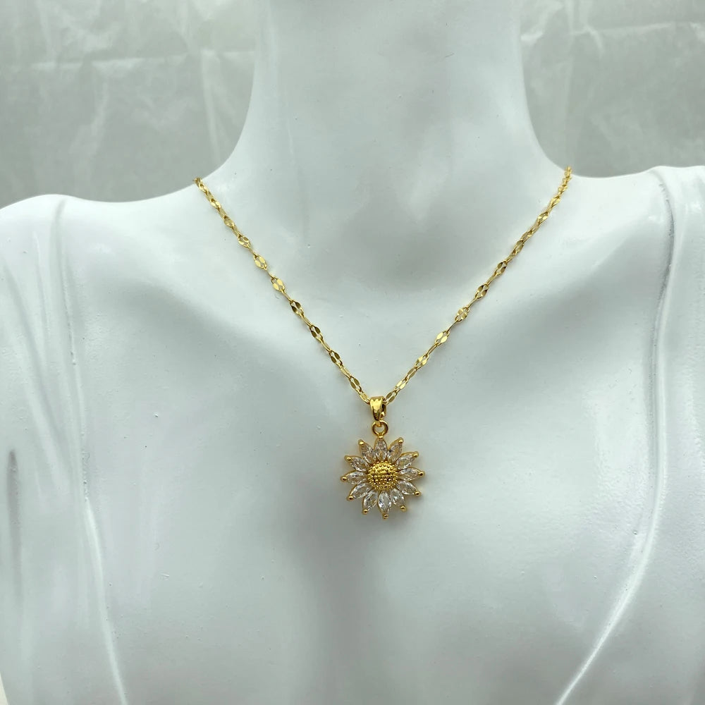 18K Gold Plated Sunflower CZ Pendant Necklace | Stainless Steel Chain