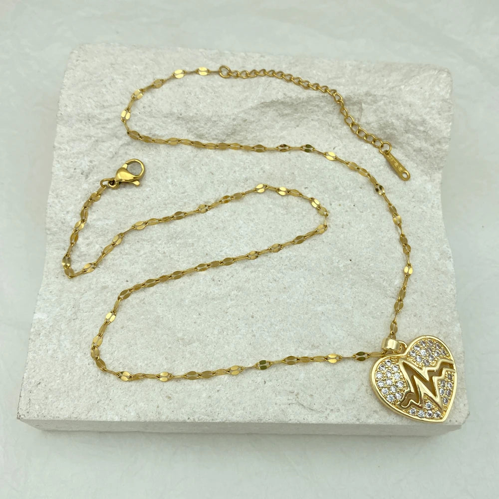 CZ Heartbeat Heart Pendant Necklace | Stainless Steel Chain