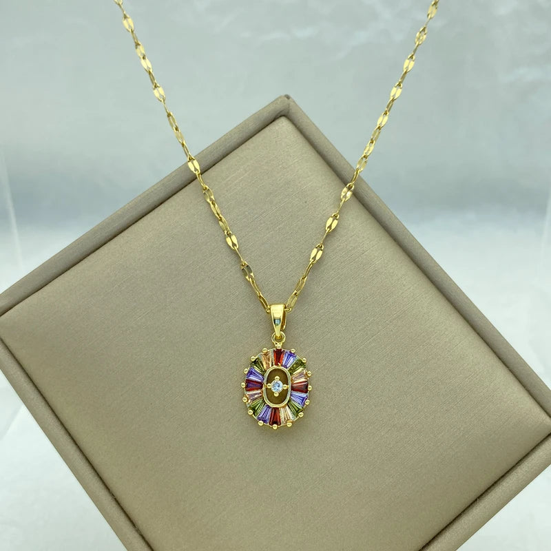 Gold Colorful Baguette CZ Sunburst Oval Pendant Necklace |  Stainless Steel Chain
