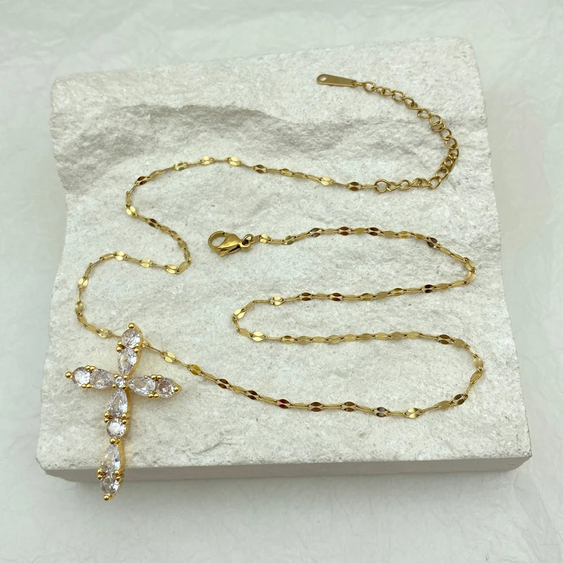 Marquise CZ Cross Pendant Necklace | 18K Gold Plated Stainless Steel