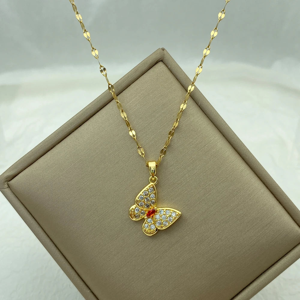 18K Gold Plated CZ Butterfly Pendant Necklace | Stainless Steel Chains