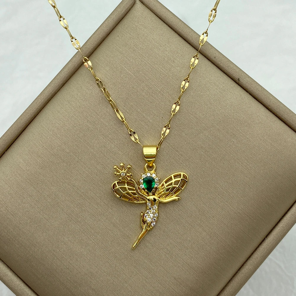 Gold Fairy Hummingbird Pendant Necklace |Stainless Steel Chains