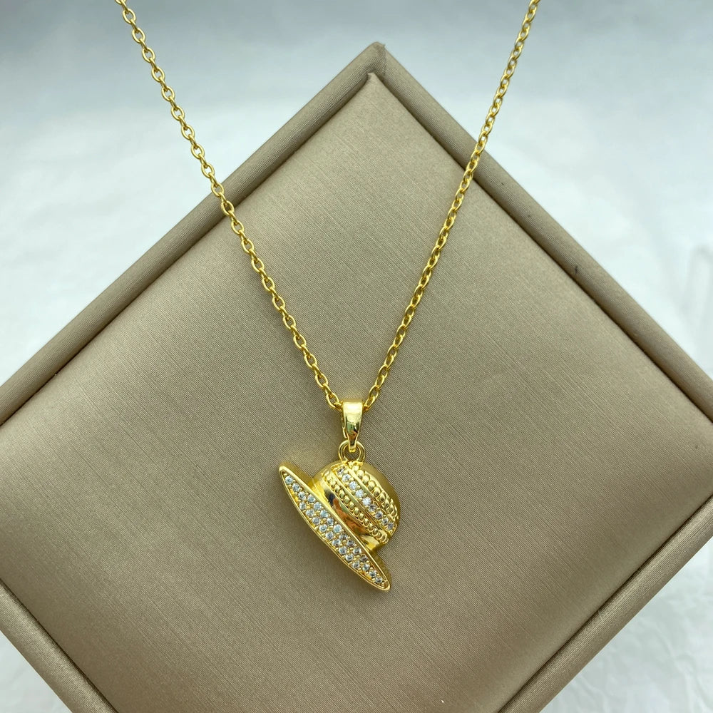 18K Gold Plated Pave CZ Sun Hat Pendant Necklace | Stainless Steel Chain
