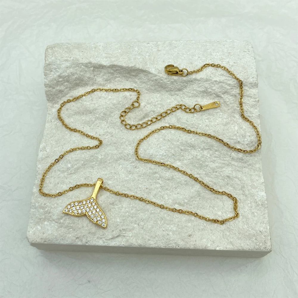 Gold Mermaid Whale Tail Pave CZ Crystal Pendant Necklace For Women