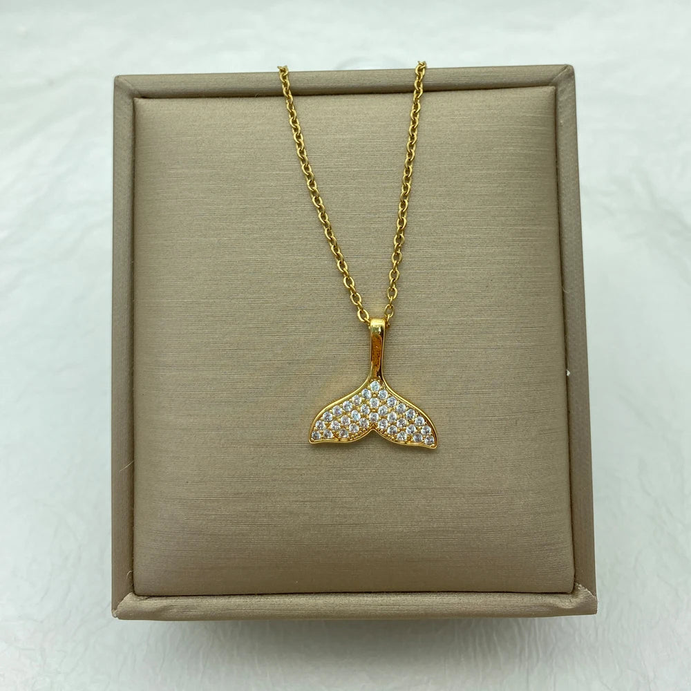 Gold Mermaid Whale Tail Pave CZ Crystal Pendant Necklace For Women