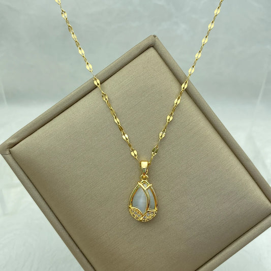 Opal Pendant Necklace for Women  Fashion Jewelry Stainless Steel tulip Necklace Gold Plated Luxury Design Korea Style Elegant