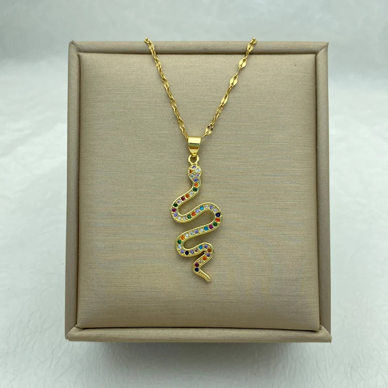 Gold Rainbow CZ Snake Charm Necklace | Stainless Steel Chain