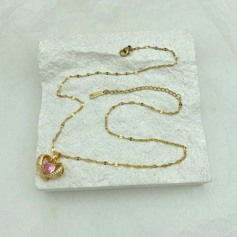 Pink Zircon Heart Pendant  Necklace For Women With Gold Plated Stainless Steel  Fashion Jewelry