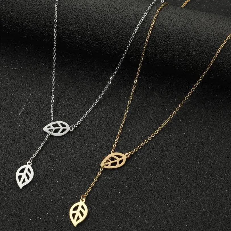 Gold Plated Hollow Leaf Lariat Y-Drop Necklace | Stainless Steel