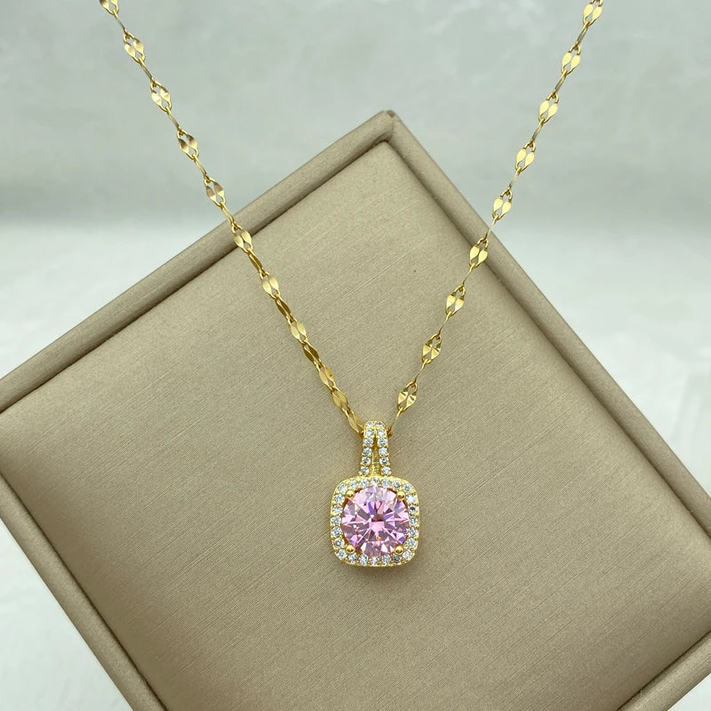 Gold Plated Stainless Steel Necklaces With Pink Zircon Square Pendant Fashion Jewerly Accessories For Women