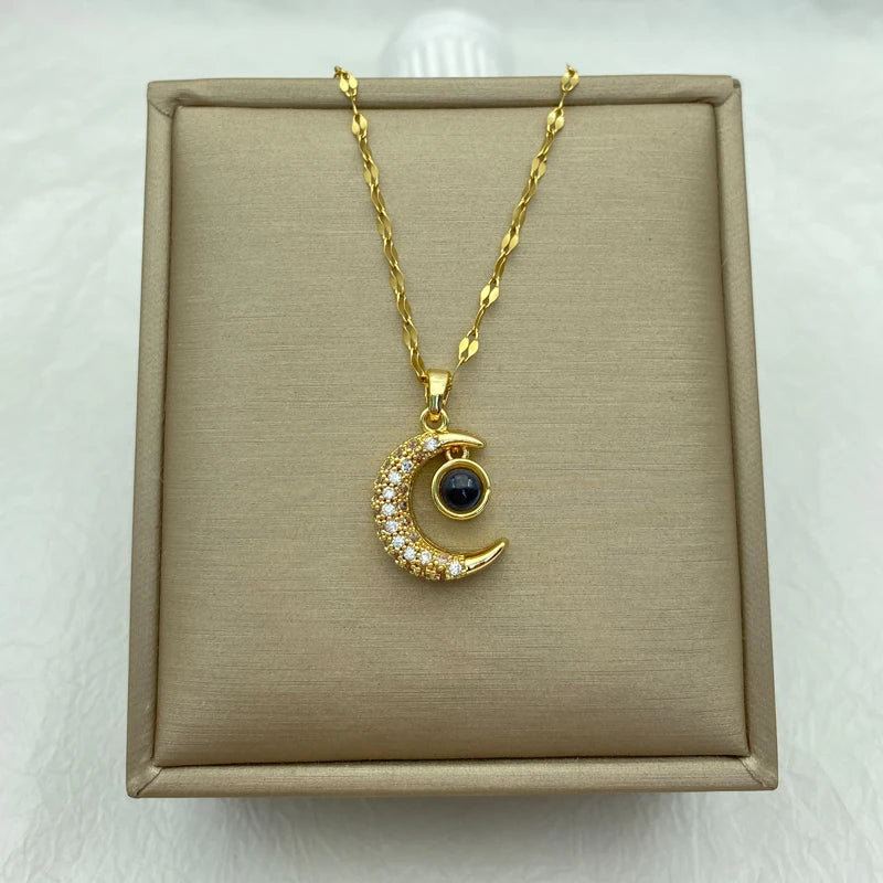 Pave CZ Crescent Moon & Projection Stone Pendant Necklace | Stainless Steel