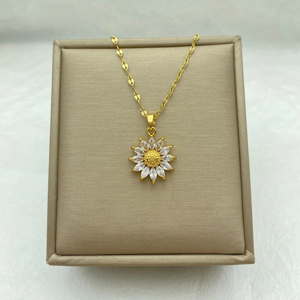 18K Gold Plated Sunflower CZ Pendant Necklace | Stainless Steel Chain