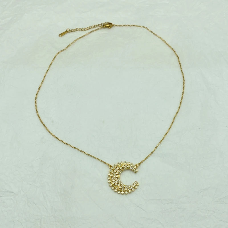 Gold Plated Stainless Steel Necklaces With A big Moon Pendant With Zircons Simple Style New Fashion Jewelry