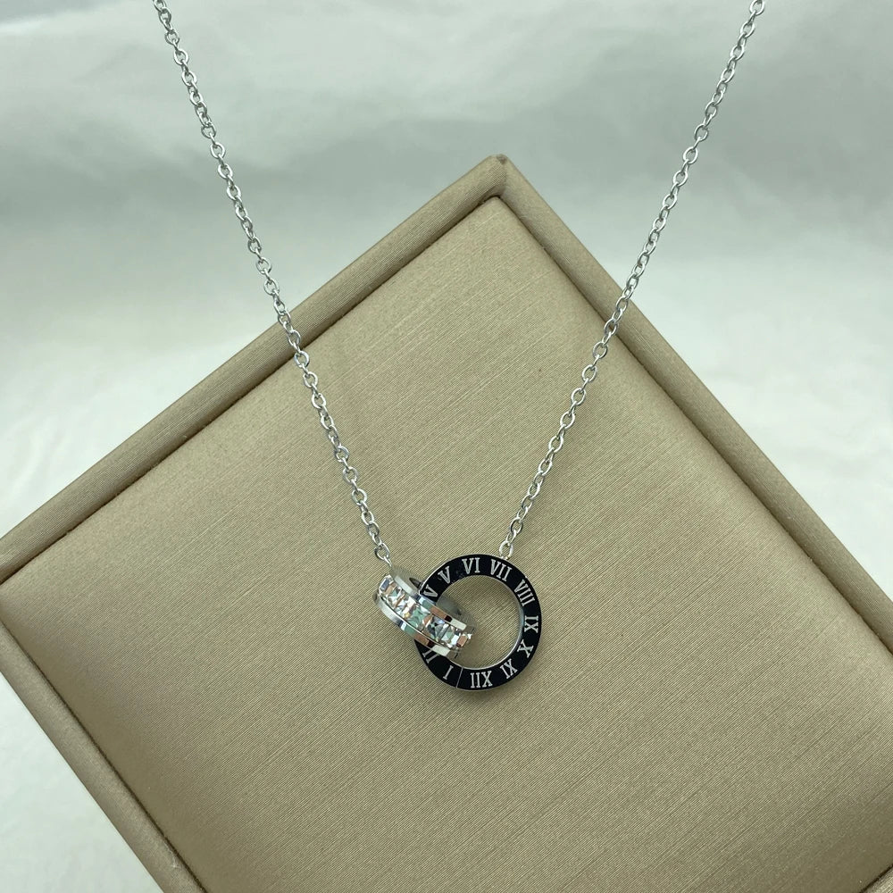 Gold Plated Silver Color Stainless Steel Necklace for Women Ring Pendants with Zircons Luxury Stainless Steel Jewelry for Summer