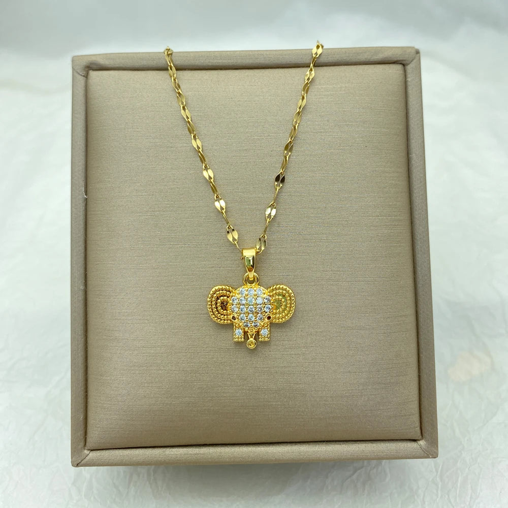 Gold Plated Elephant Necklace for Women Jewelry Titanium Steel Pendant Necklace Animal Luxury Choker Japanese Korean Wholesale