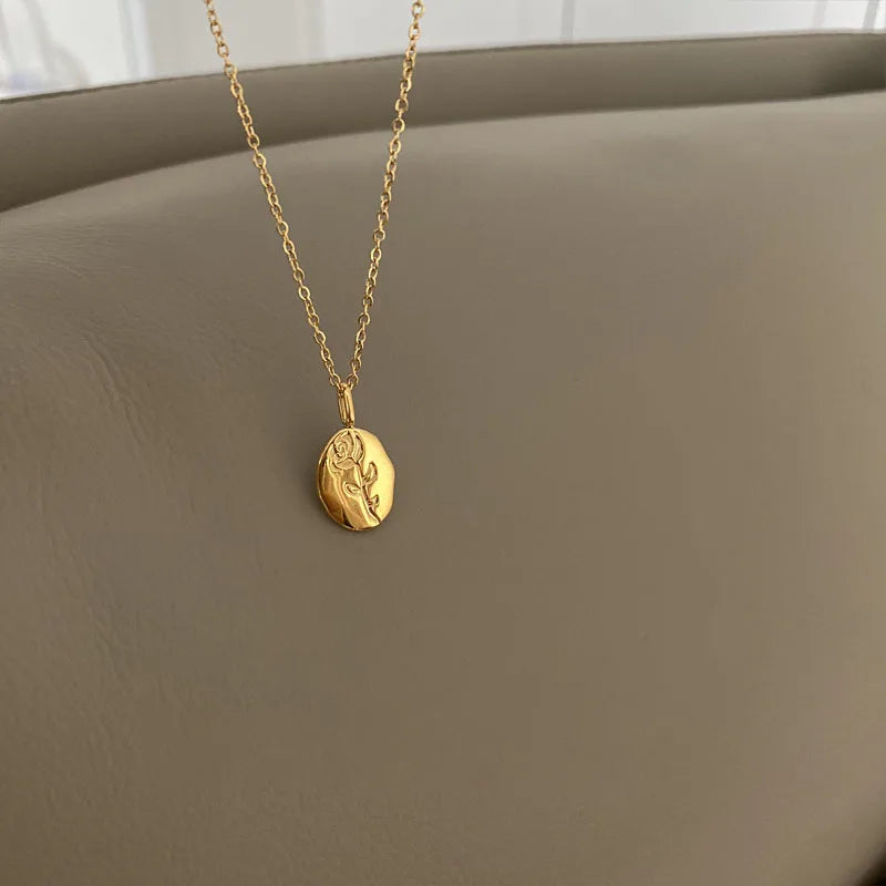 Rose Engraved Oval Pendant Necklace | 18 Gold Plated KStainless Steel