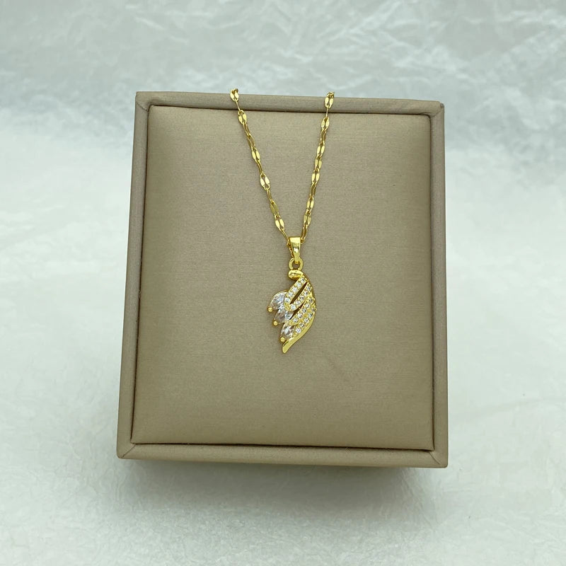 CZ Feather Leaf Pendant Necklace | 18K Gold Plated Stainless Steel