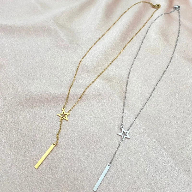Stainless Steel Open Star Lariat Y Necklace with Bar Pendant | 18K Gold