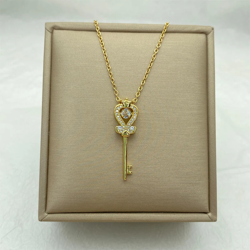 Crown Heart Key Pendant Necklace | Copper CZ | Stainless Steel Chain