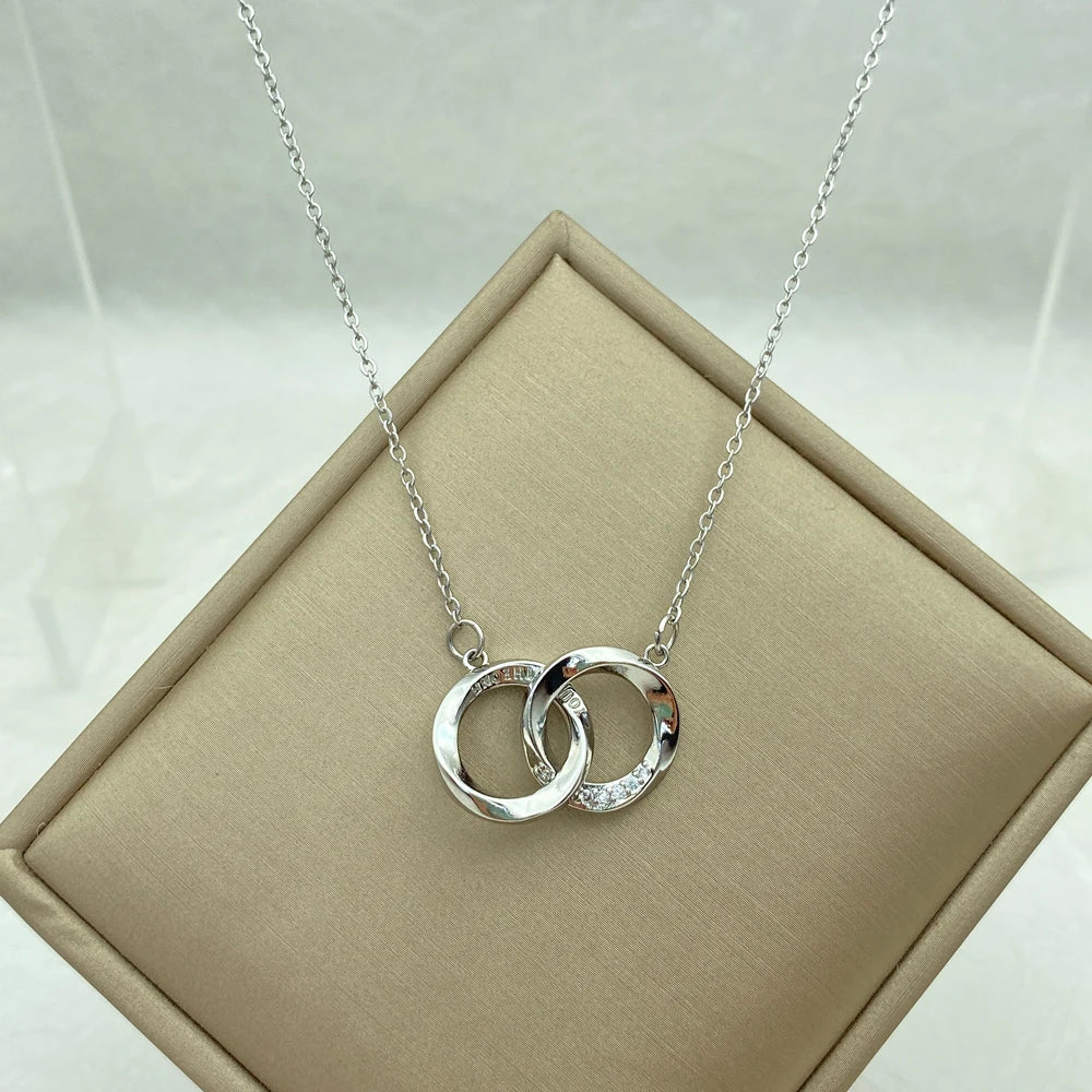 Interlocking Double Circle Pendant Necklace | Silver Stainless Steel