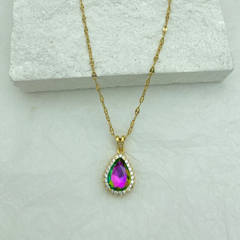 Gold Plated Stainless Steel Necklace With Colorful Water Drop Pendant Necklace For Women With  Stainless Steel  Fashion Jewelry