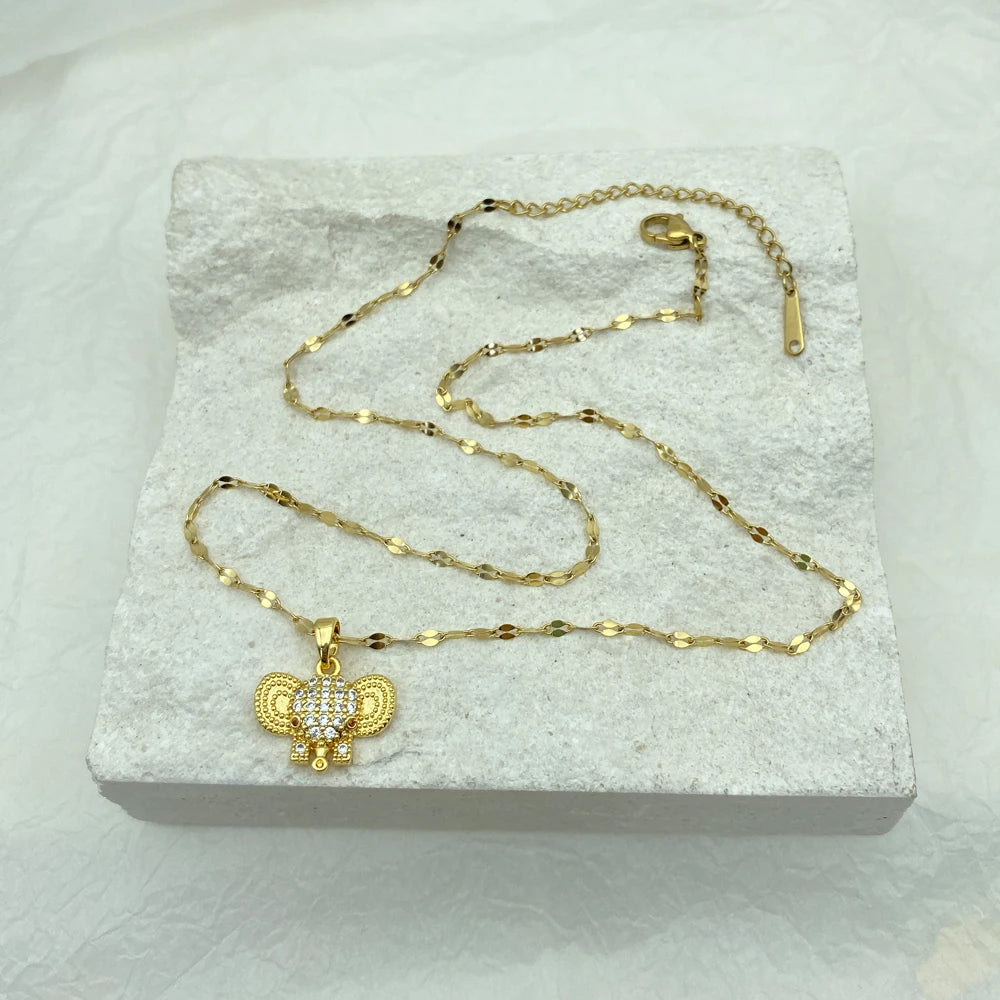 Gold Plated Elephant Necklace for Women Jewelry Titanium Steel Pendant Necklace Animal Luxury Choker Japanese Korean Wholesale