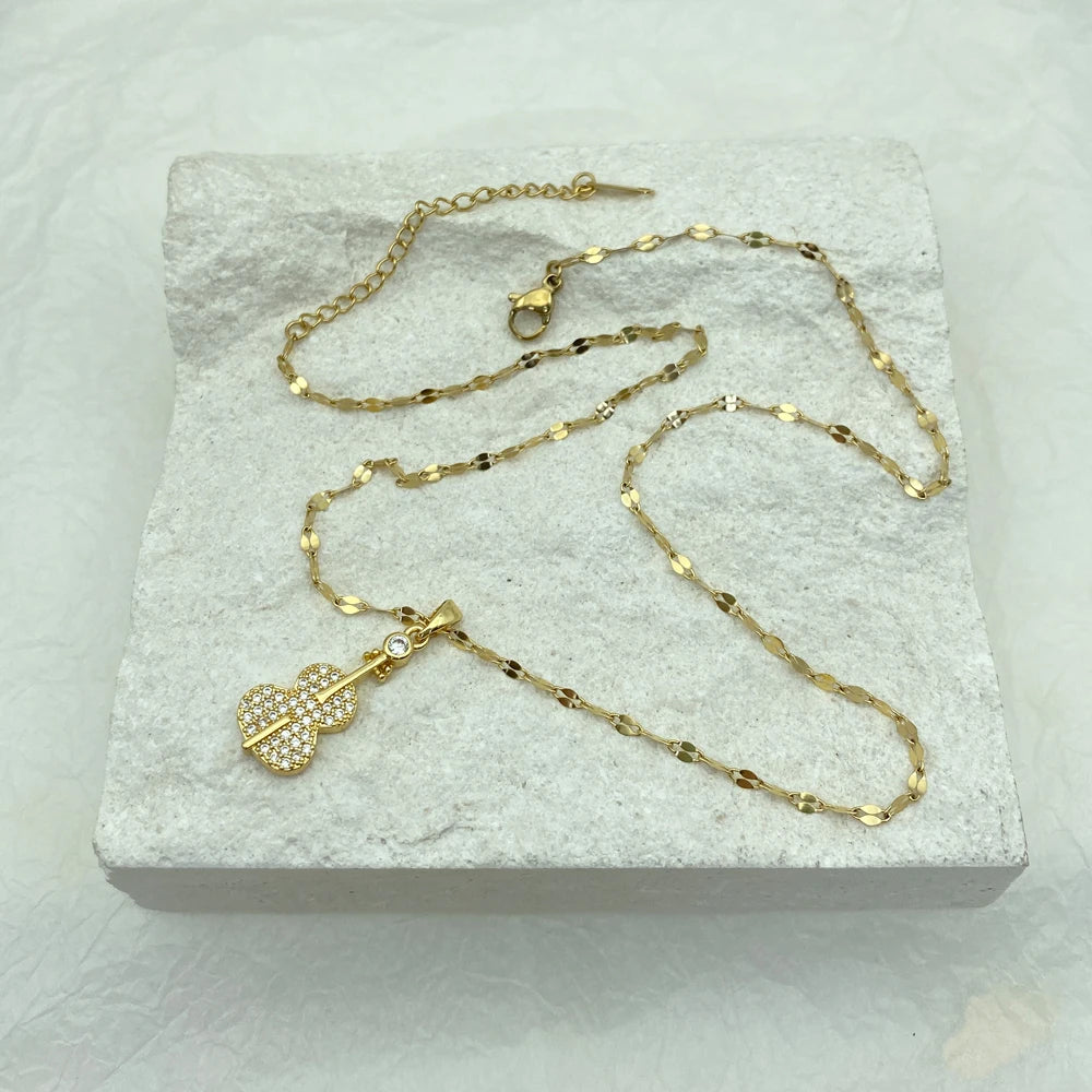 Violin Pendant Necklace for Women 2021 Jewelry  Gold Plated Titanium Steel Cute Necklace Luxury Choker Japanese Korean Wholesale