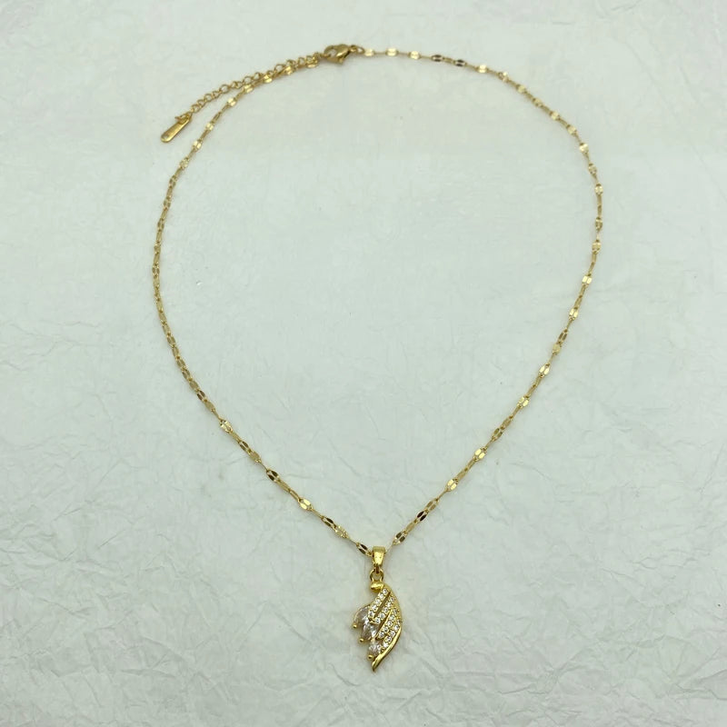 CZ Feather Leaf Pendant Necklace | 18K Gold Plated Stainless Steel