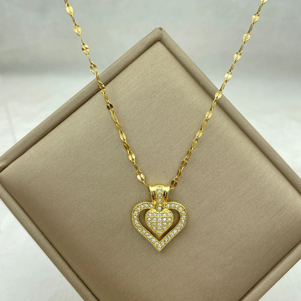 18K Gold Plated Double Heart CZ Pendant Necklace Stainless Steel Chains