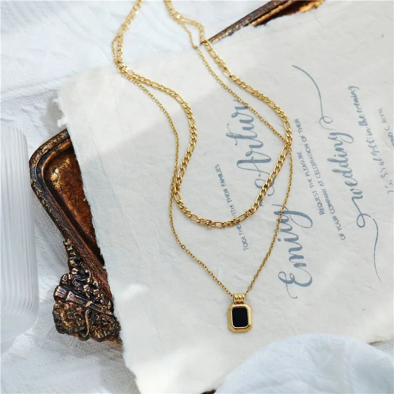 Layered Stainless Steel Square Pendants Necklace for Women