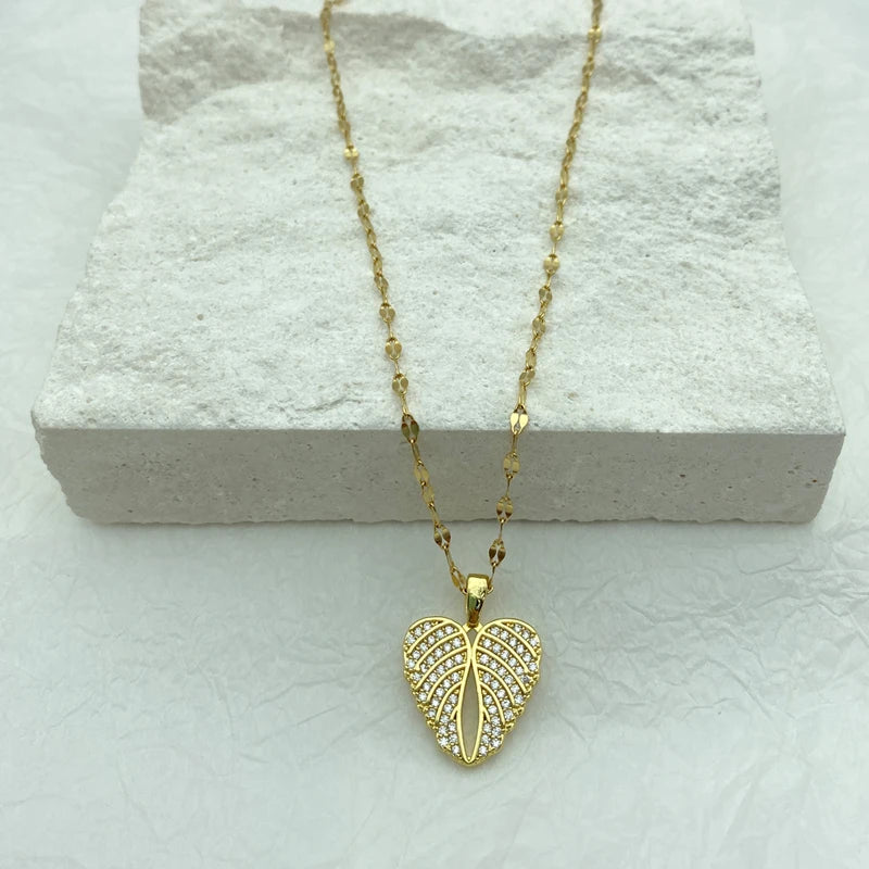 Gold CZ Angel Wing Heart Pendant Necklace | Stainless Steel Chain