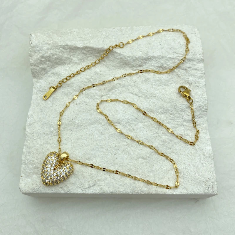 Big Heart Zircon Pendant Stainless Steel Gold Plated Necklace For Women