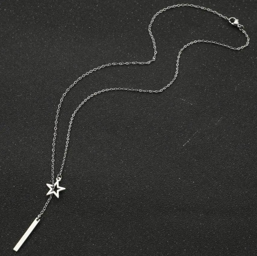 Stainless Steel Open Star Lariat Y Necklace with Bar Pendant | 18K Gold