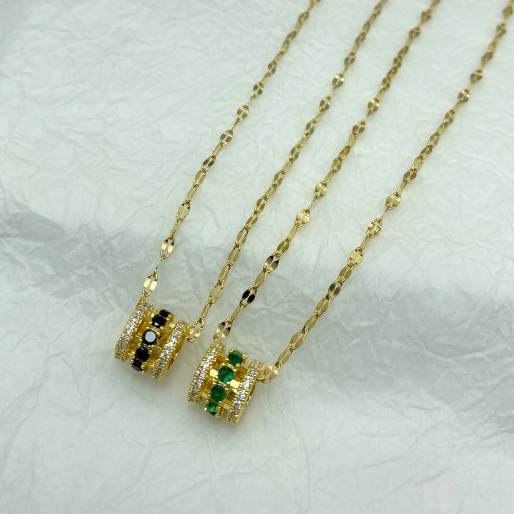 Emerald Green CZ Barrel Pendant Necklace | 18K Gold Plated Stainless Steel