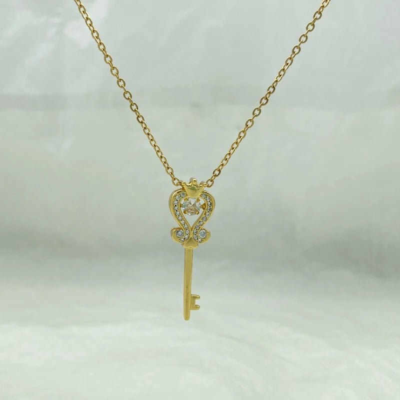 Crown Heart Key Pendant Necklace | Copper CZ | Stainless Steel Chain