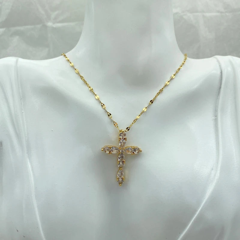 Marquise CZ Cross Pendant Necklace | 18K Gold Plated Stainless Steel