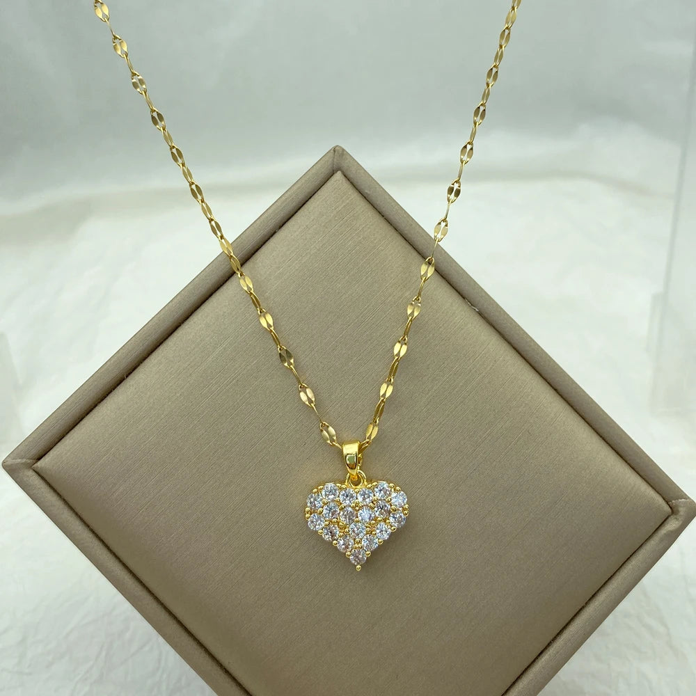 Gold Pave CZ Crystal Puffy Heart Pendant Stainless Steel Necklace