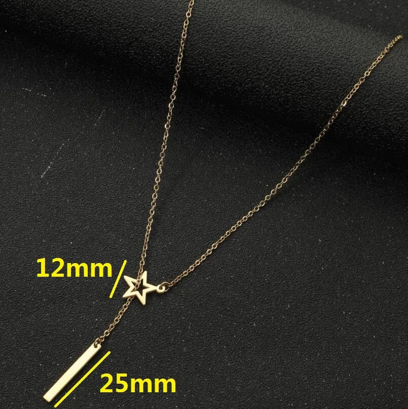 Stainless Steel Open Star Lariat Y Necklace with Bar Pendant | 18K Gold
