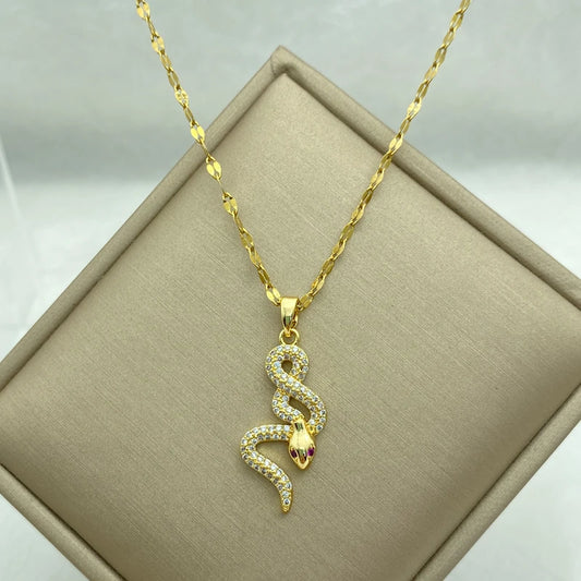 A Snake Pendant With Red Eyes Zircons New In Stainless Steel Necklace For Women Gold Plated Chain  Cute Style Fashion Jewelry