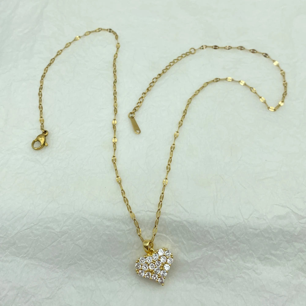 Gold Pave CZ Crystal Puffy Heart Pendant Stainless Steel Necklace