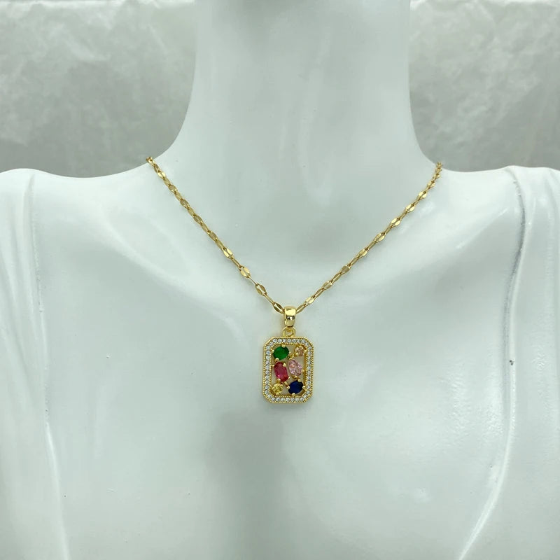 Gold Plated Stainless Steel Necklaces For Women With Square Shaped Pendant With Red Green Pink Zircons New In Style