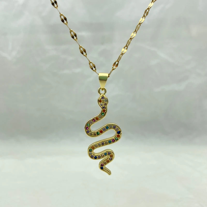 Gold Rainbow CZ Snake Charm Necklace | Stainless Steel Chain