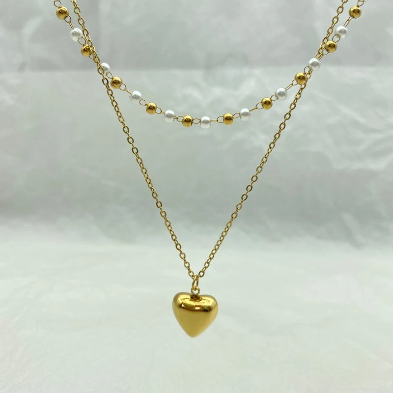 Stainless Steel Layered Pearl Chains Long Necklaces for Women