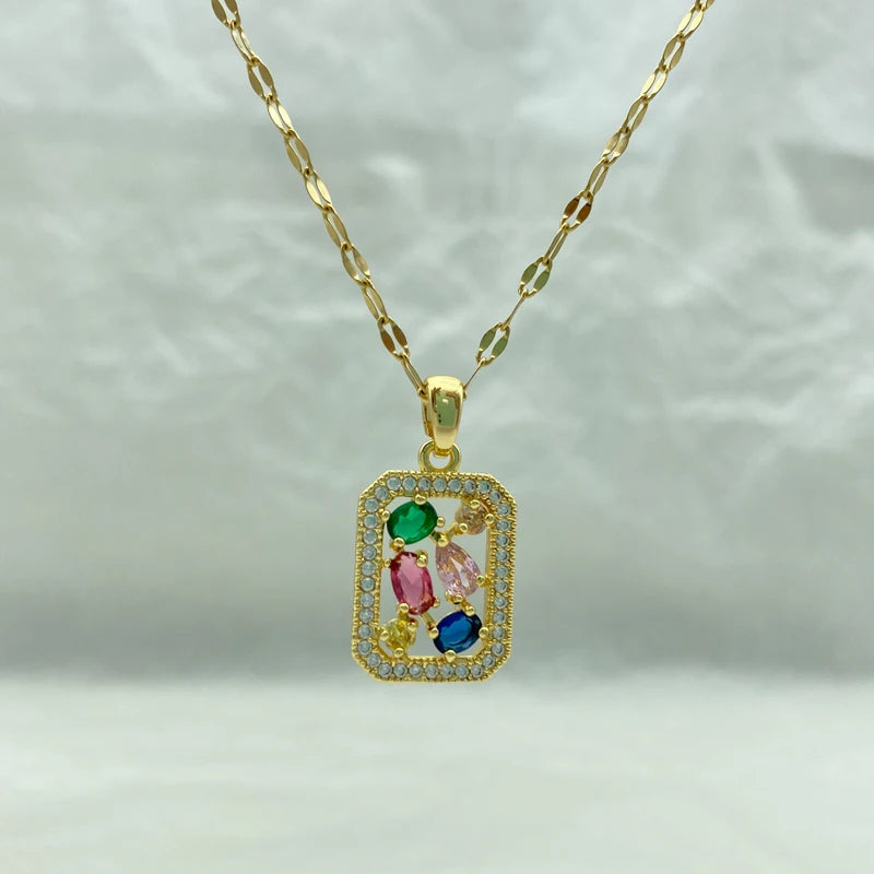 Gold Plated Stainless Steel Necklaces For Women With Square Shaped Pendant With Red Green Pink Zircons New In Style