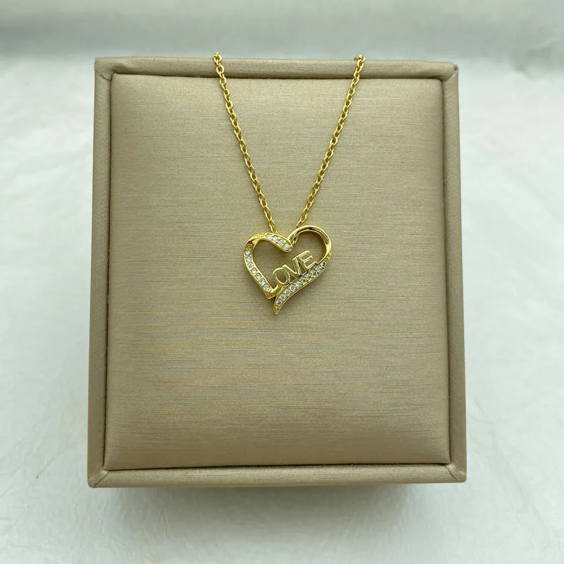 Gold Plated Stainless Steel Necklace With Hollow heart Pendant Necklaces for Women Fashion Jewelry